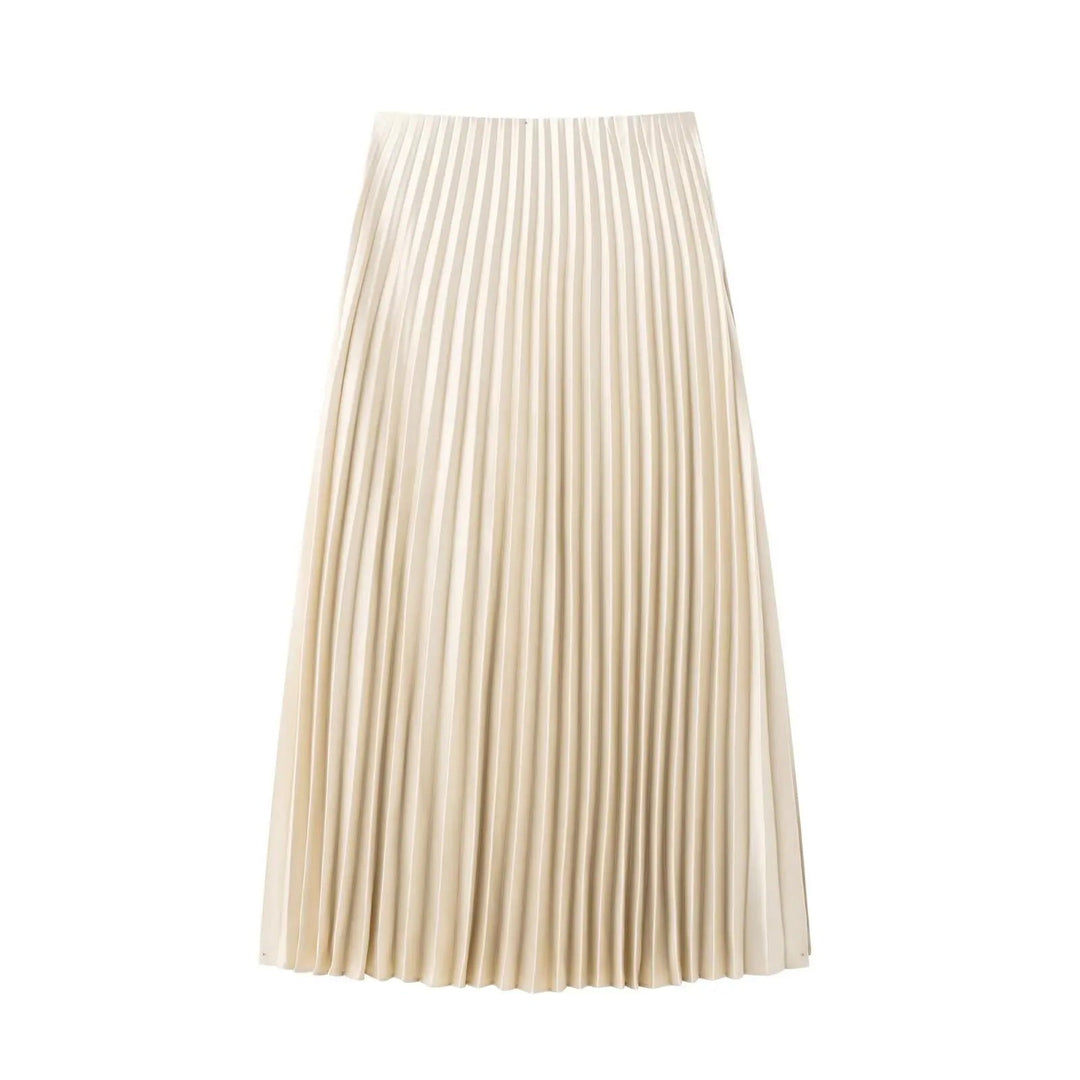 Dame A-linjet satin midi nederdel, skinnende overflade, elastisk talje, elegant look, nem at kombinere.