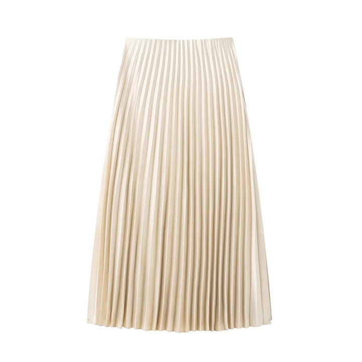 Dame A-linjet satin midi nederdel, skinnende overflade, elastisk talje, elegant look, nem at kombinere.