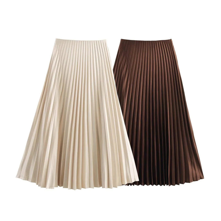 Dame A-linjet satin midi nederdel, skinnende overflade, elastisk talje, elegant look, nem at kombinere.