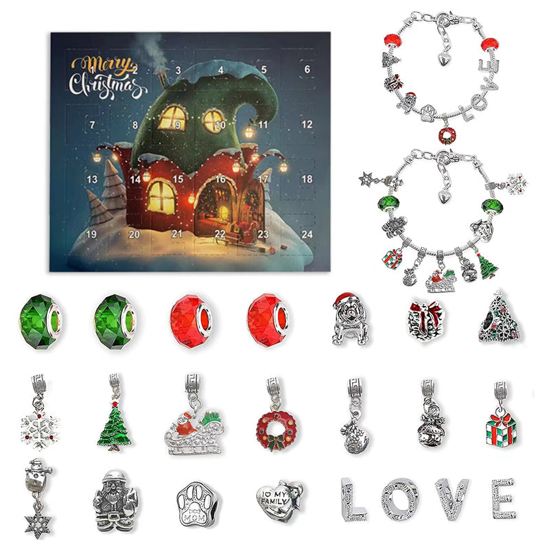 Dame DIY julekalender, 24-delt armbåndssæt med perler og charms til kreativ juleforventning.