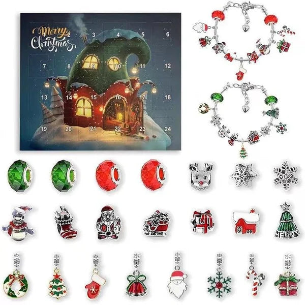 Dame DIY julekalender, 24-delt armbåndssæt med perler og charms til kreativ juleforventning.