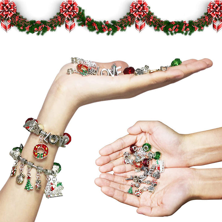 Dame DIY julekalender, 24-delt armbåndssæt med perler og charms til kreativ juleforventning.