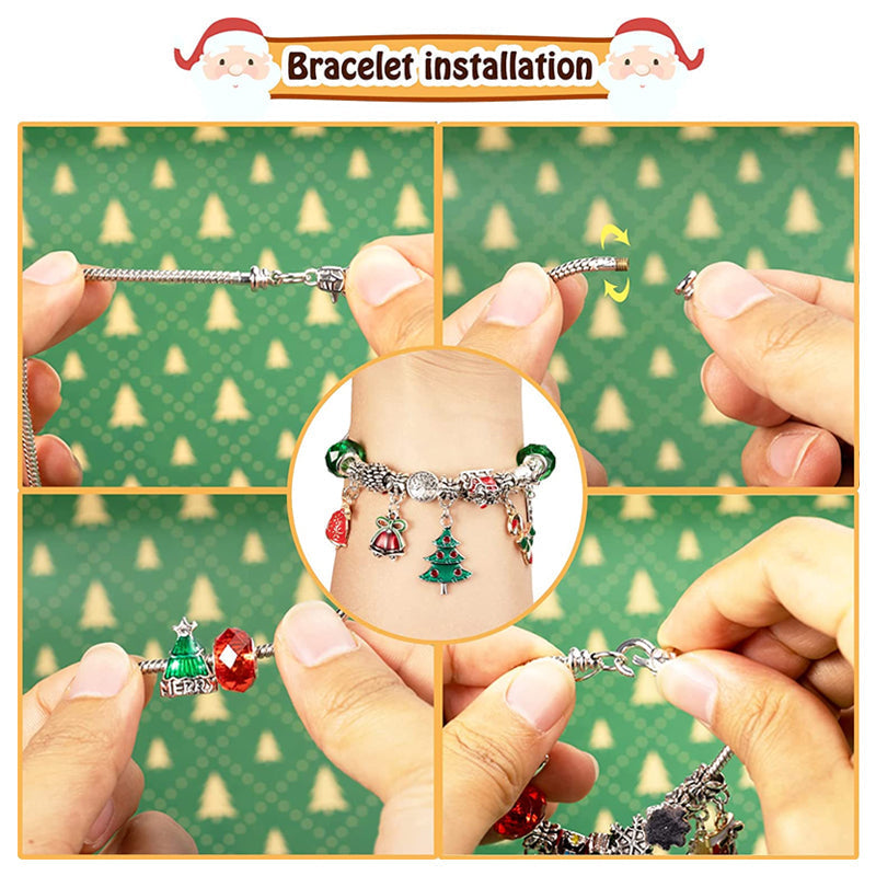 Dame DIY julekalender, 24-delt armbåndssæt med perler og charms til kreativ juleforventning.