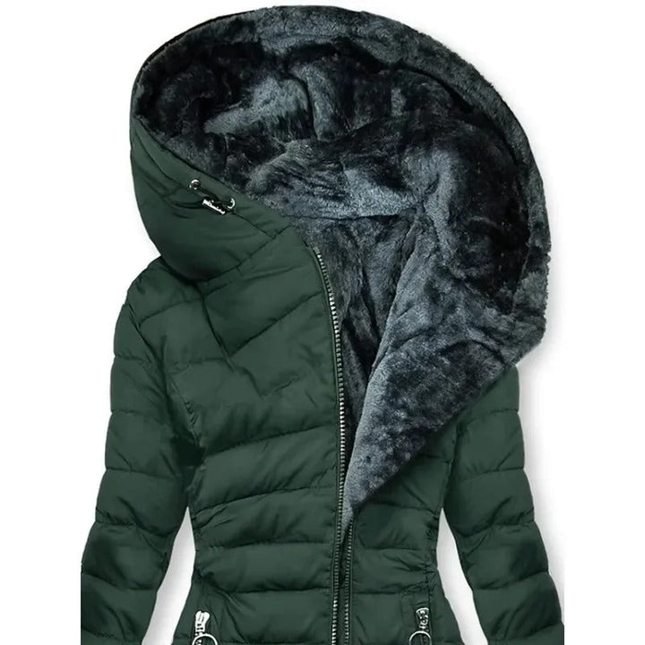 "Naisten Slim-Fit puuvillaparka, turkiskauluksella, beige, lämpöinen ja muotoonommeltu talvitakki."