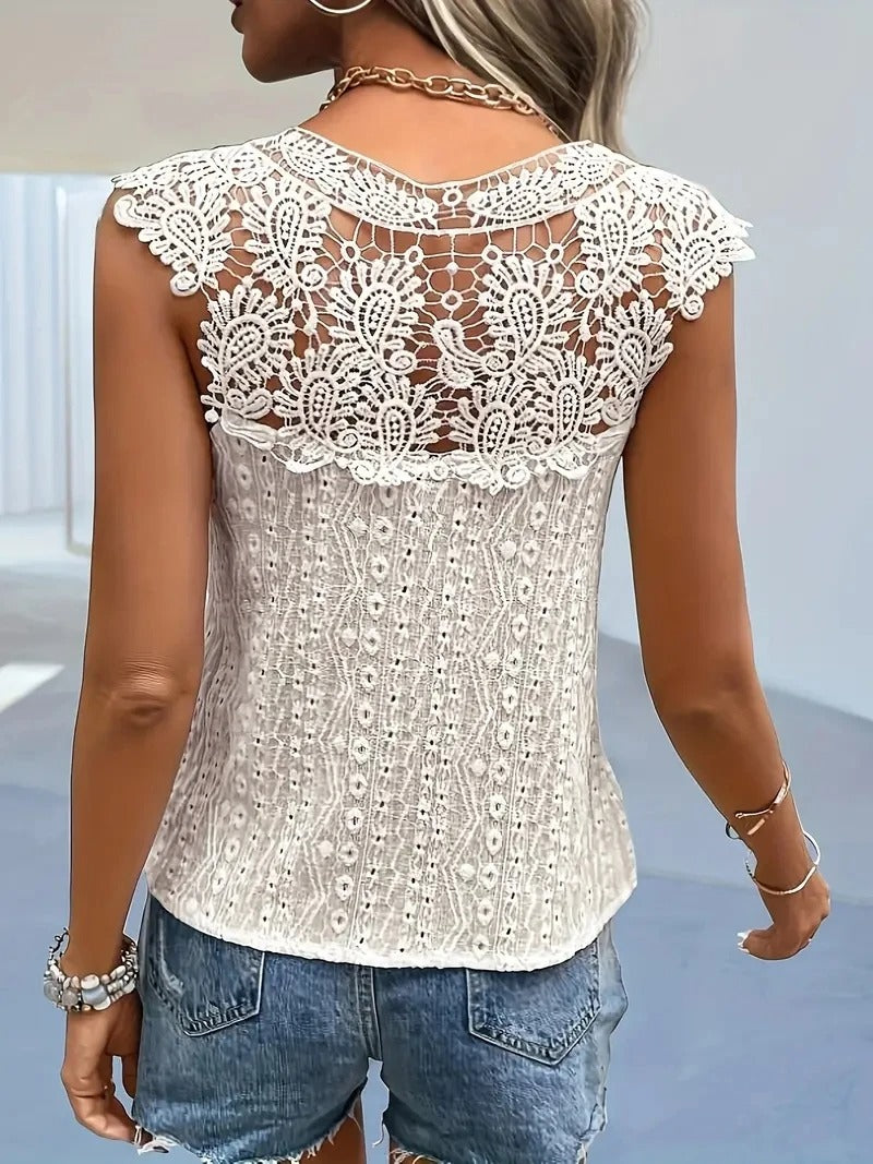 Dame V-hals blonde patchwork bluse, ærmeløs, elegant V-udskæring, blondepatchwork, alsidig anvendelse