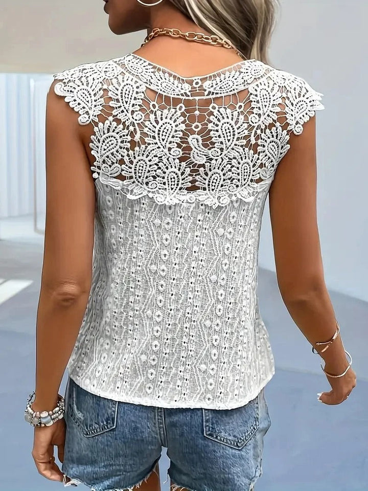 Dame V-hals blonde patchwork bluse, ærmeløs, elegant V-udskæring, blondepatchwork, alsidig anvendelse