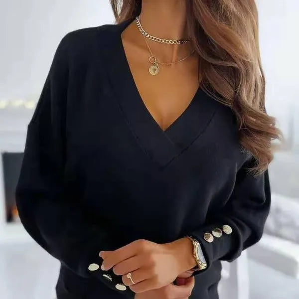 Dame V-hals sweater, elegant strik, lange ærmer, behagelig pasform