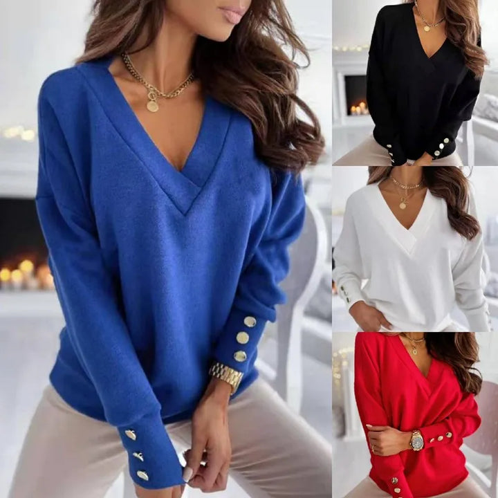 Dame V-hals sweater, elegant strik, lange ærmer, behagelig pasform