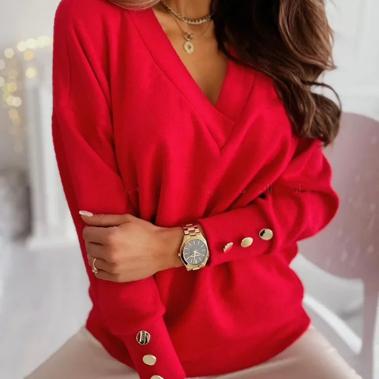 Dame V-hals sweater, elegant strik, lange ærmer, behagelig pasform