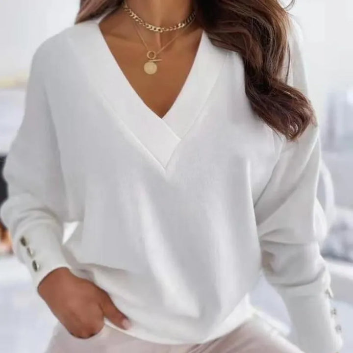 Dame V-hals sweater, elegant strik, lange ærmer, behagelig pasform