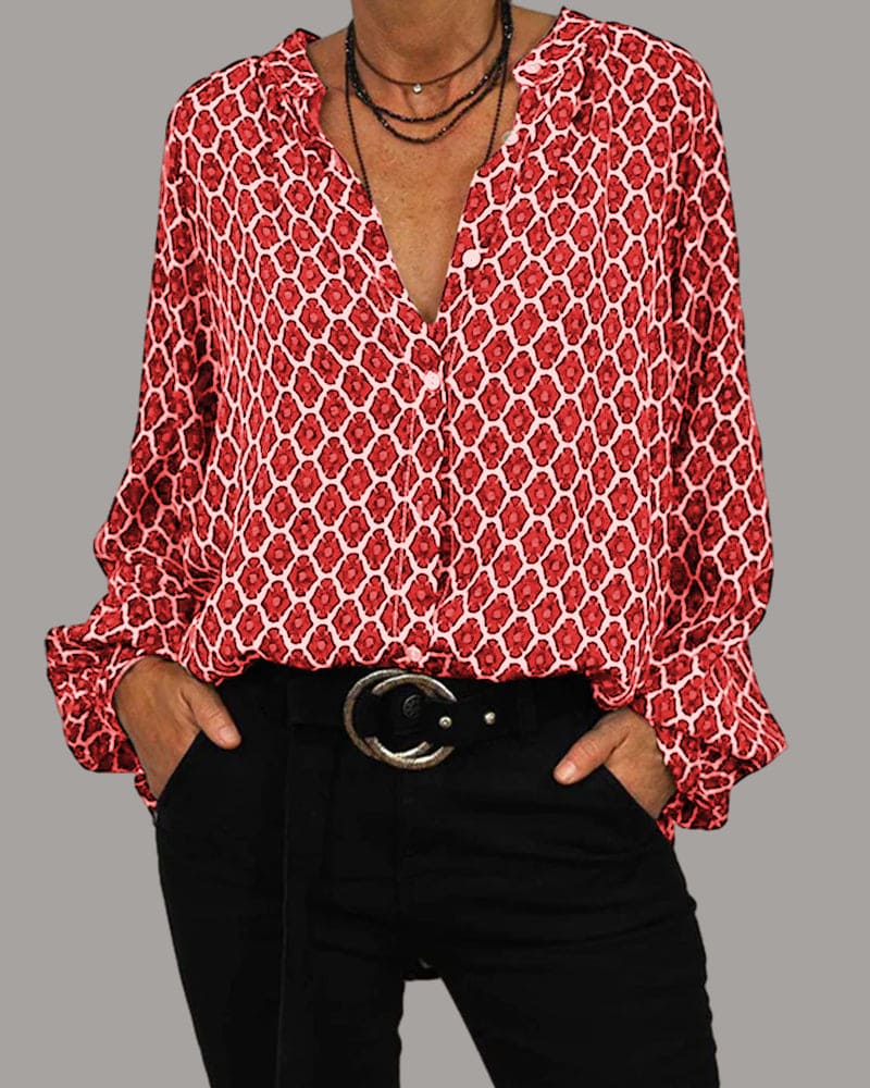Damebluse med V-hals, geometrisk mønster, lange ærmer, sort og hvid, moderne look