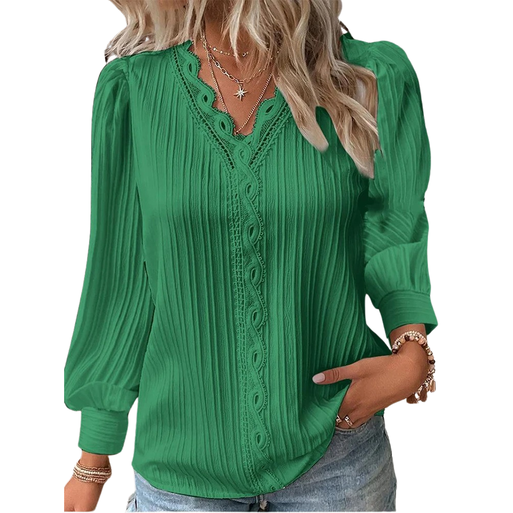 Dame V-hals blonde bluse, let chiffon stof og elegante blonde detaljer, et stilfuldt valg.