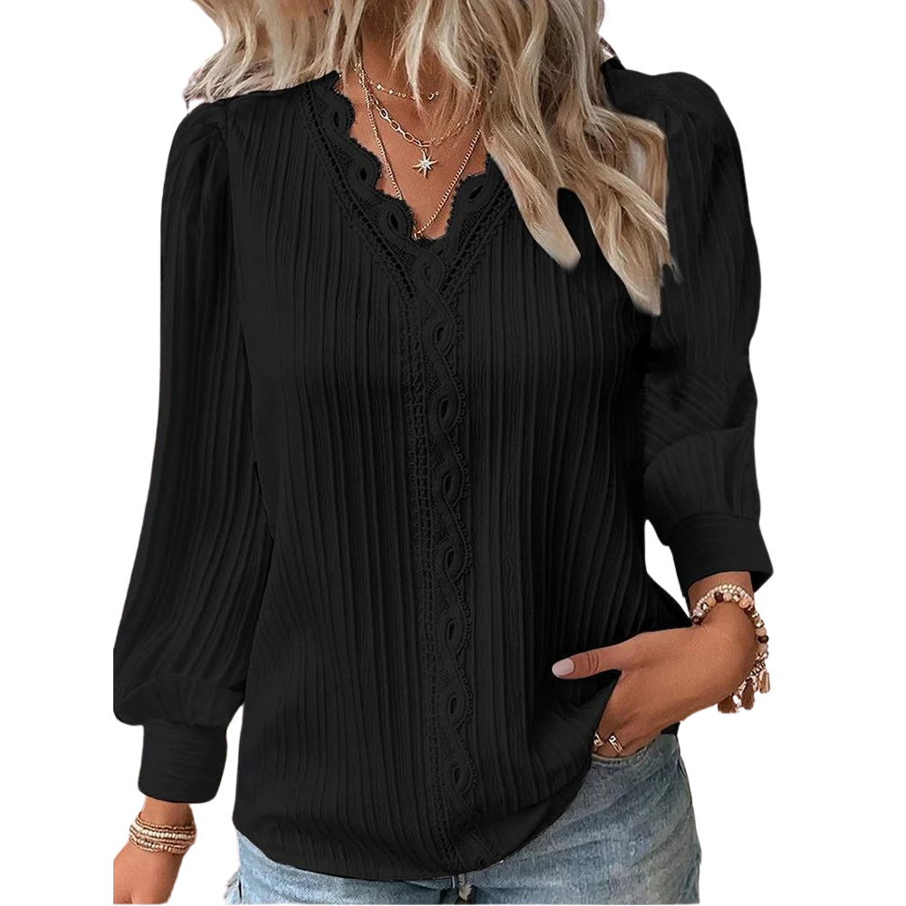 Dame V-hals blonde bluse, let chiffon stof og elegante blonde detaljer, et stilfuldt valg.