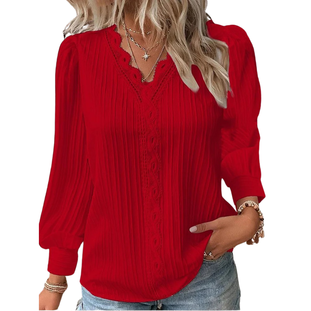 Dame V-hals blonde bluse, let chiffon stof og elegante blonde detaljer, et stilfuldt valg.