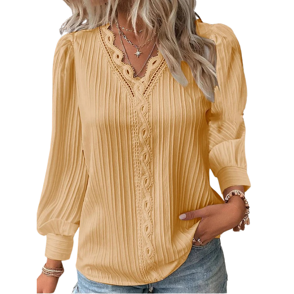 Dame V-hals blonde bluse, let chiffon stof og elegante blonde detaljer, et stilfuldt valg.