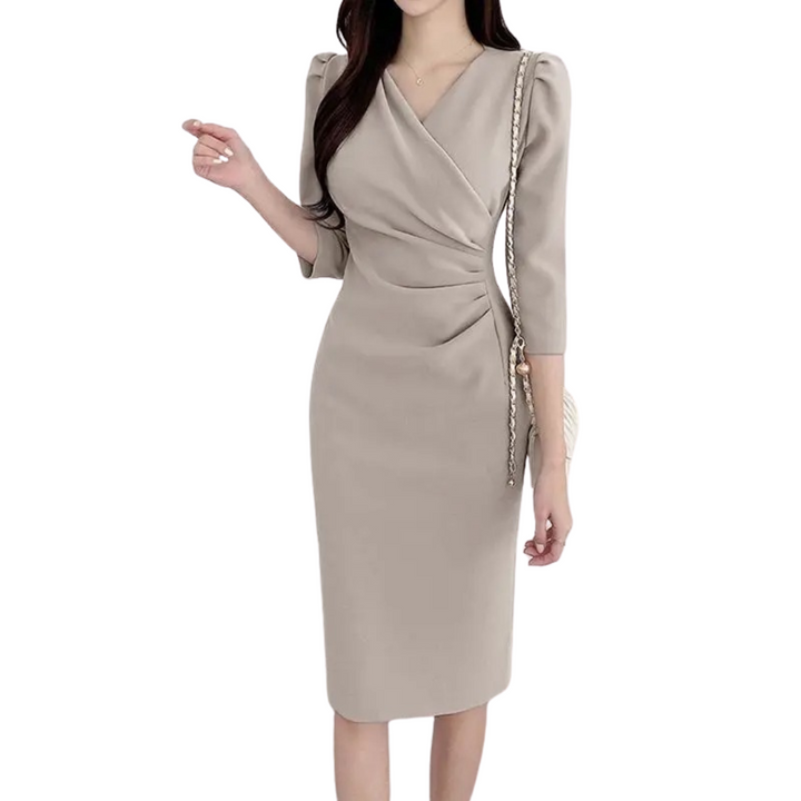 Dame elegant V-hals knælang kjole, ensfarvet, tre-kvartærmede ærmer, bodycon-stil.