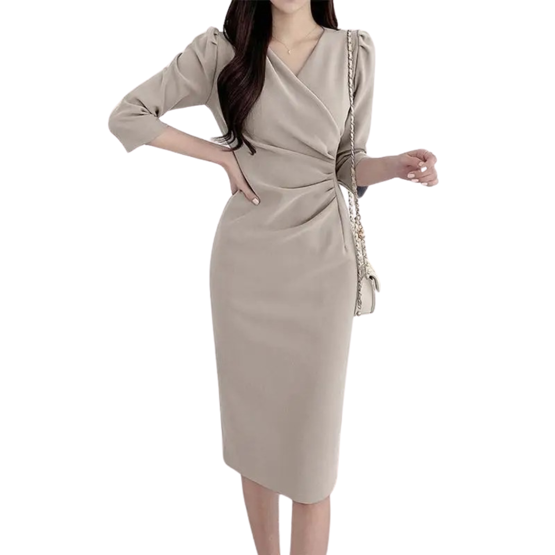 Dame elegant V-hals knælang kjole, ensfarvet, tre-kvartærmede ærmer, bodycon-stil.