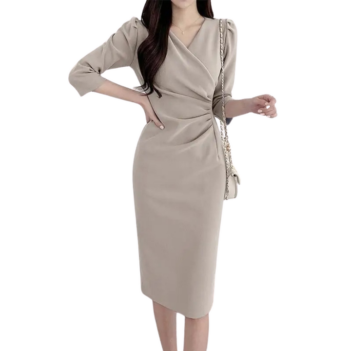Dame elegant V-hals knælang kjole, ensfarvet, tre-kvartærmede ærmer, bodycon-stil.