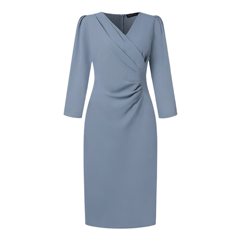 Dame elegant V-hals knælang kjole, ensfarvet, tre-kvartærmede ærmer, bodycon-stil.