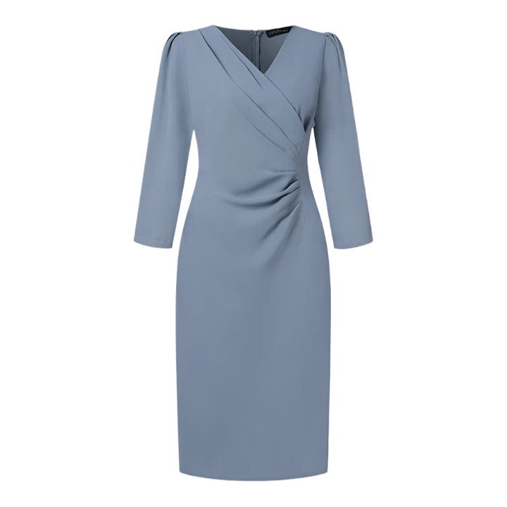Dame elegant V-hals knælang kjole, ensfarvet, tre-kvartærmede ærmer, bodycon-stil.