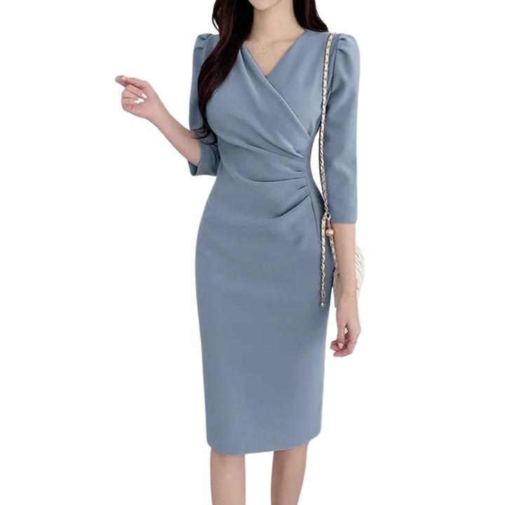 Dame elegant V-hals knælang kjole, ensfarvet, tre-kvartærmede ærmer, bodycon-stil.