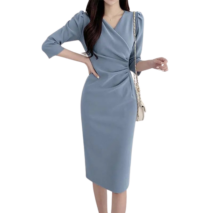 Dame elegant V-hals knælang kjole, ensfarvet, tre-kvartærmede ærmer, bodycon-stil.