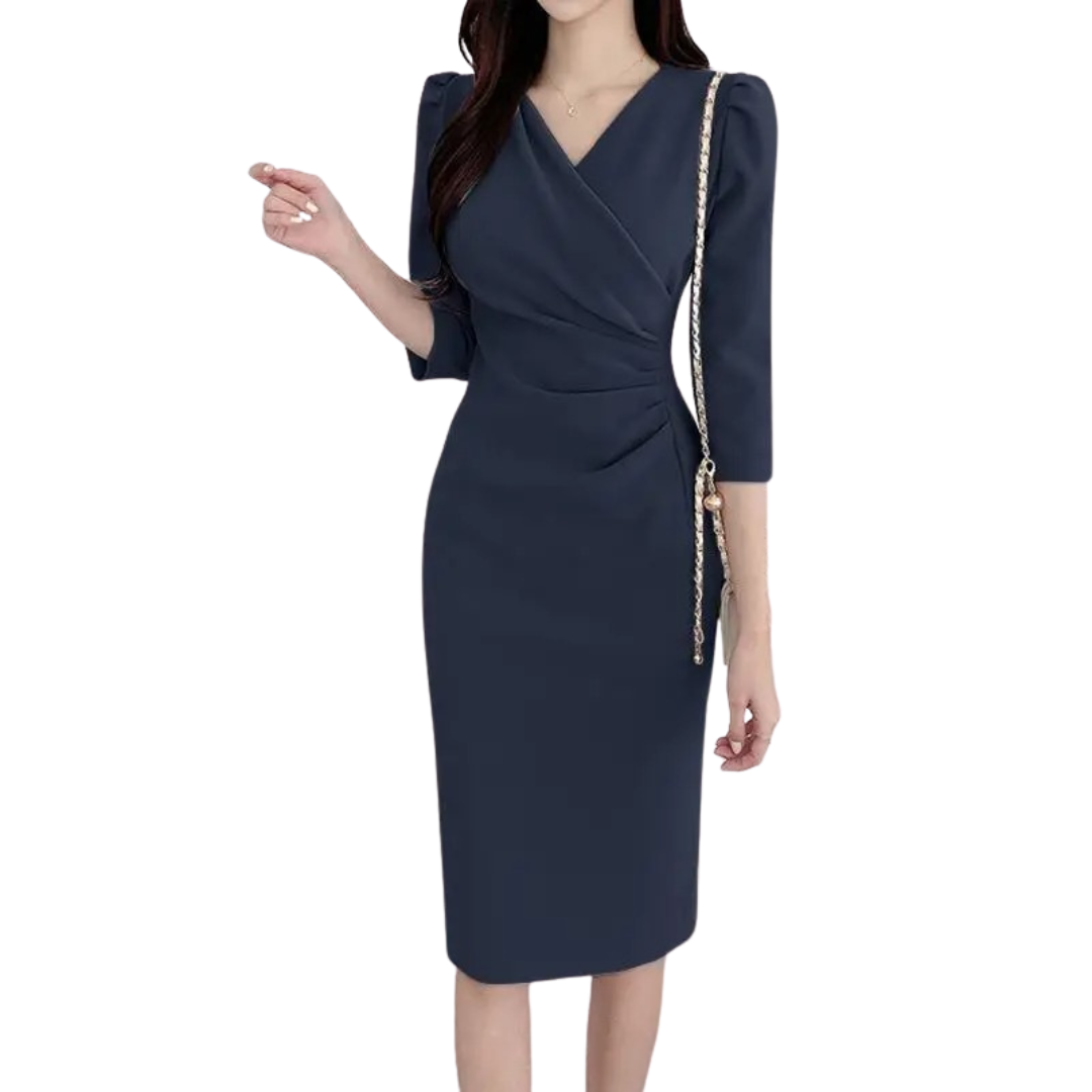 Dame elegant V-hals knælang kjole, ensfarvet, tre-kvartærmede ærmer, bodycon-stil.