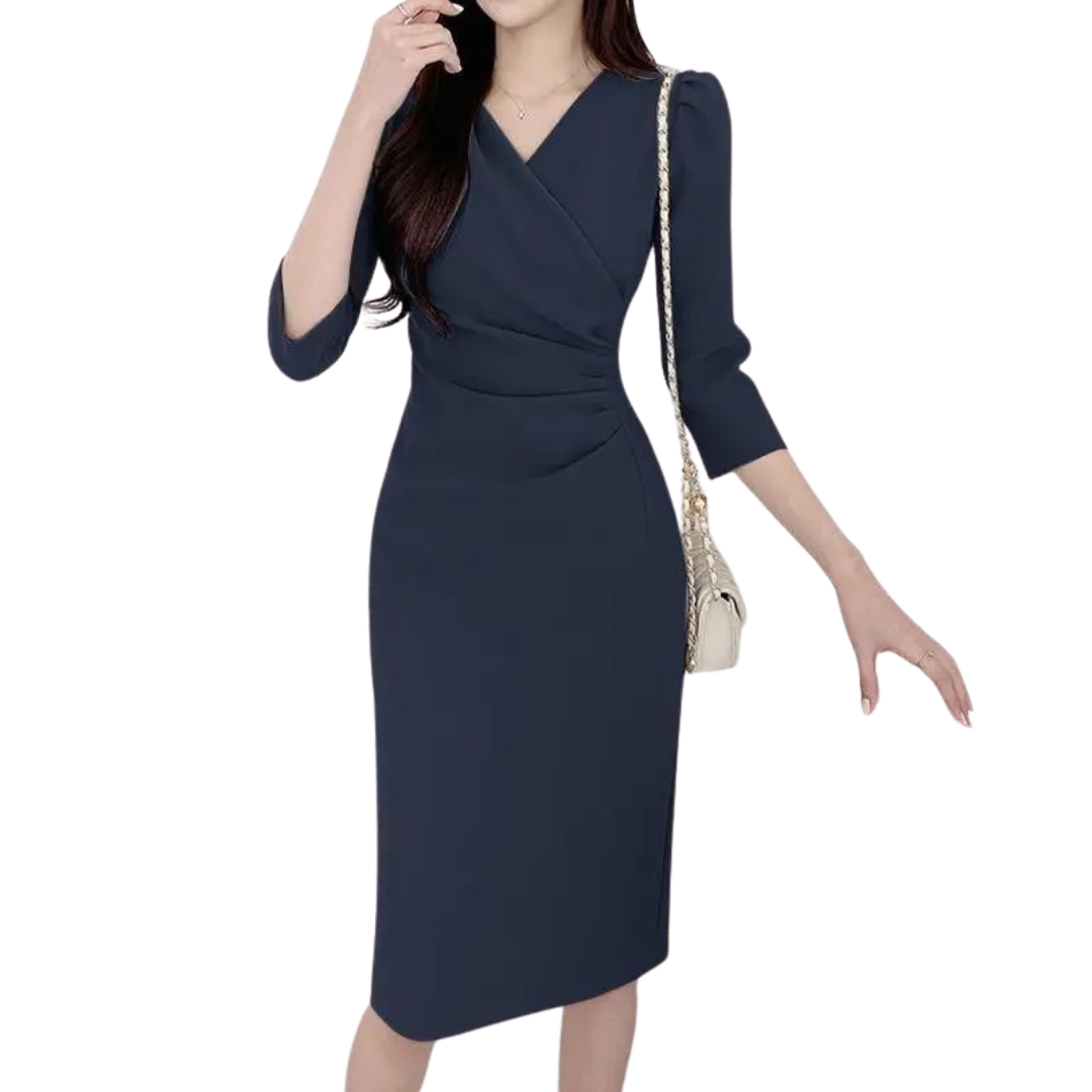 Dame elegant V-hals knælang kjole, ensfarvet, tre-kvartærmede ærmer, bodycon-stil.