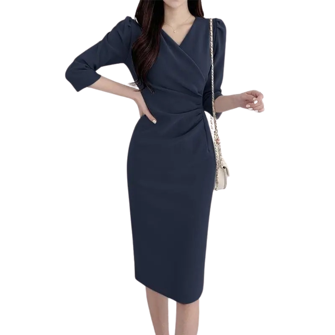 Dame elegant V-hals knælang kjole, ensfarvet, tre-kvartærmede ærmer, bodycon-stil.