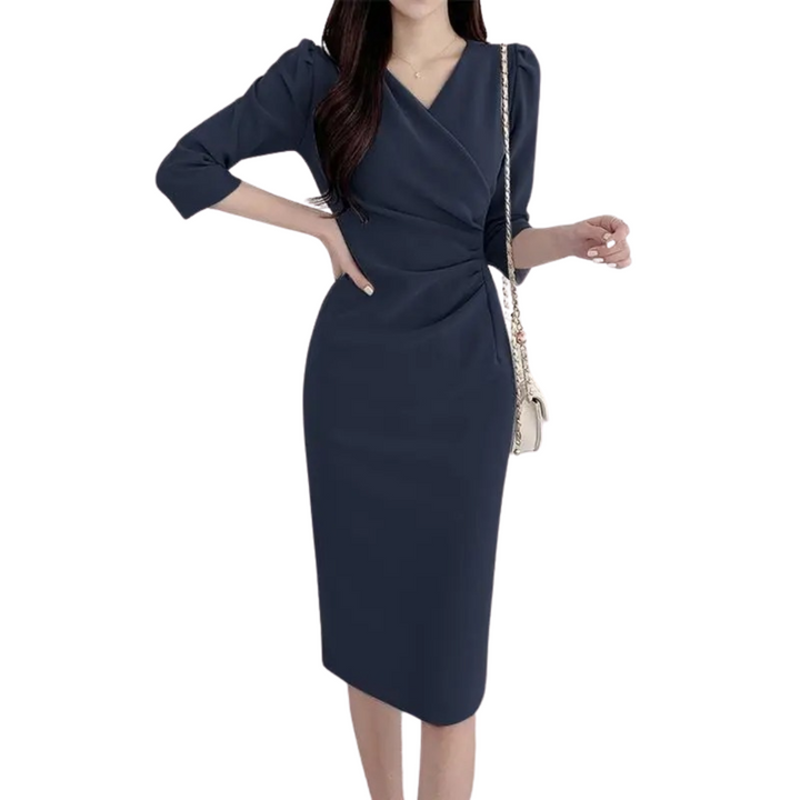 Dame elegant V-hals knælang kjole, ensfarvet, tre-kvartærmede ærmer, bodycon-stil.