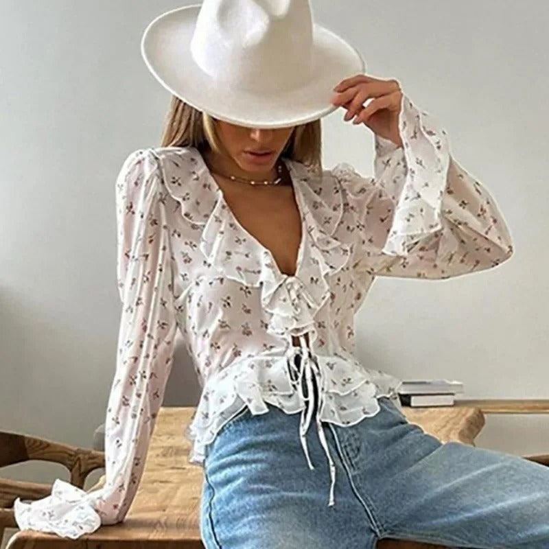 Dame V-hals chiffon printet bluse, let chiffonstof, flæser, blondekant, velegnet til hverdag og fest.