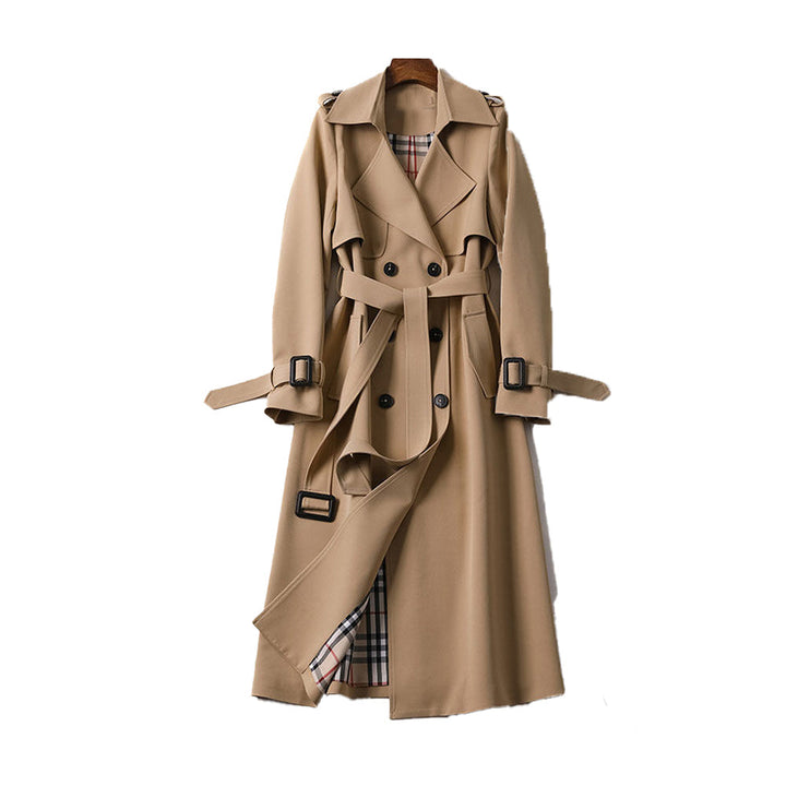 Dame beige dobbeltradet trenchcoat, stilfuldt og praktisk design, justerbart bælte, velegnet til hverdags og fest.