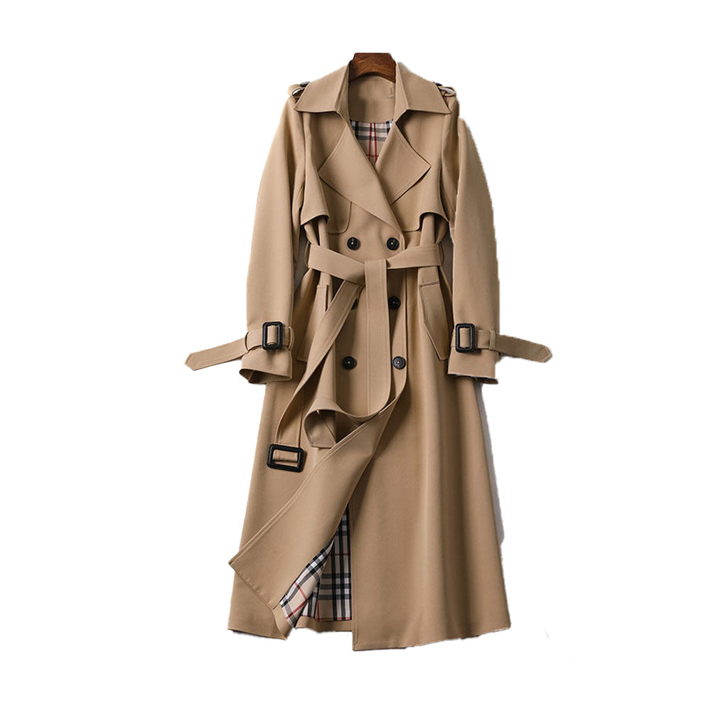 Dame beige dobbeltradet trenchcoat, stilfuldt og praktisk design, justerbart bælte, velegnet til hverdags og fest.