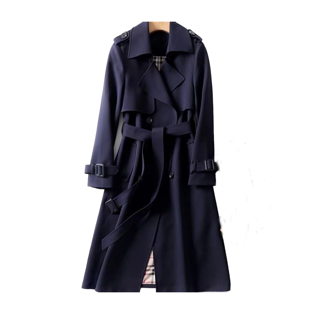 Dame beige dobbeltradet trenchcoat, stilfuldt og praktisk design, justerbart bælte, velegnet til hverdags og fest.