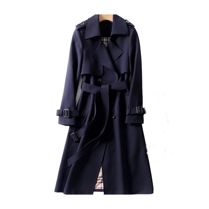 Dame beige dobbeltradet trenchcoat, stilfuldt og praktisk design, justerbart bælte, velegnet til hverdags og fest.