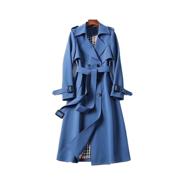 Dame beige dobbeltradet trenchcoat, stilfuldt og praktisk design, justerbart bælte, velegnet til hverdags og fest.