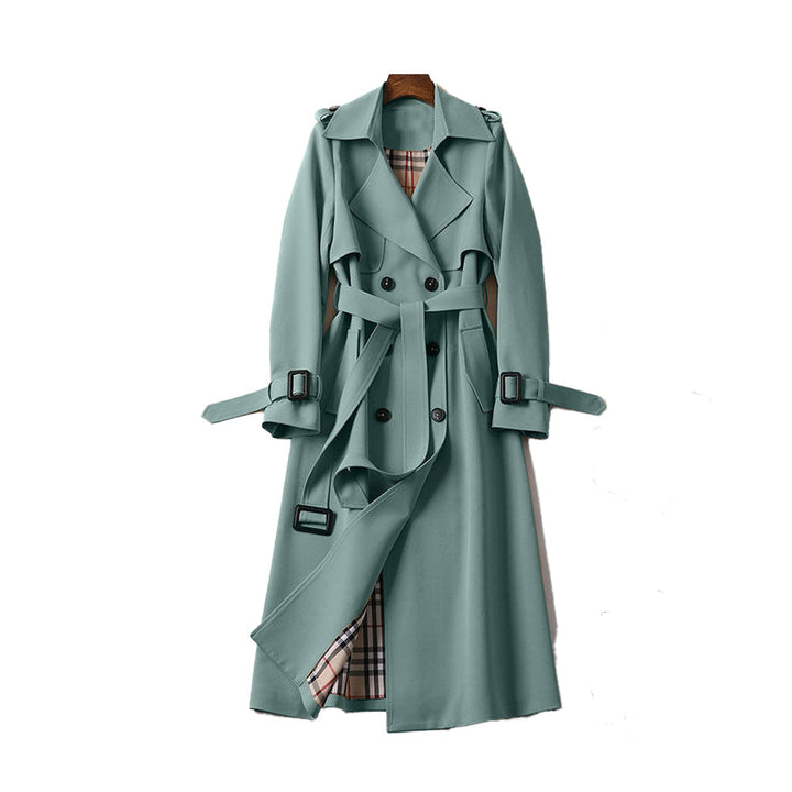 Dame beige dobbeltradet trenchcoat, stilfuldt og praktisk design, justerbart bælte, velegnet til hverdags og fest.