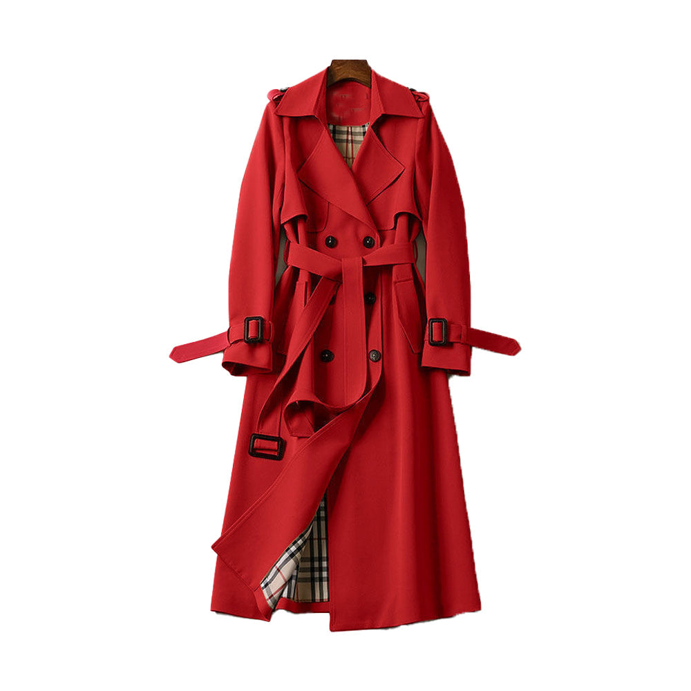 Dame beige dobbeltradet trenchcoat, stilfuldt og praktisk design, justerbart bælte, velegnet til hverdags og fest.