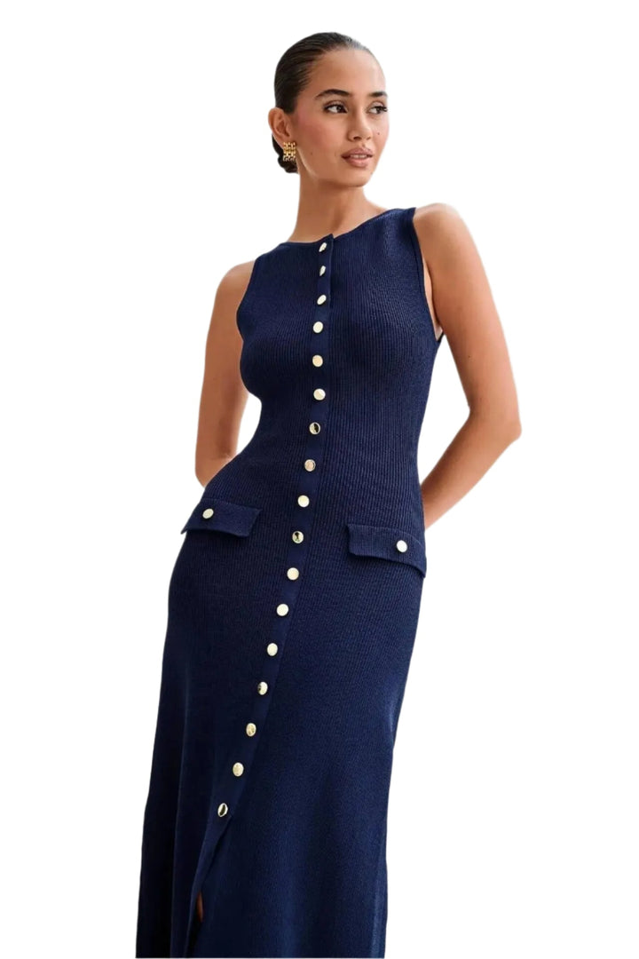 Dame bodycon strikket kjole med knapper, O-hals, knaplukning foran, blødt materiale, flatterende silhuet