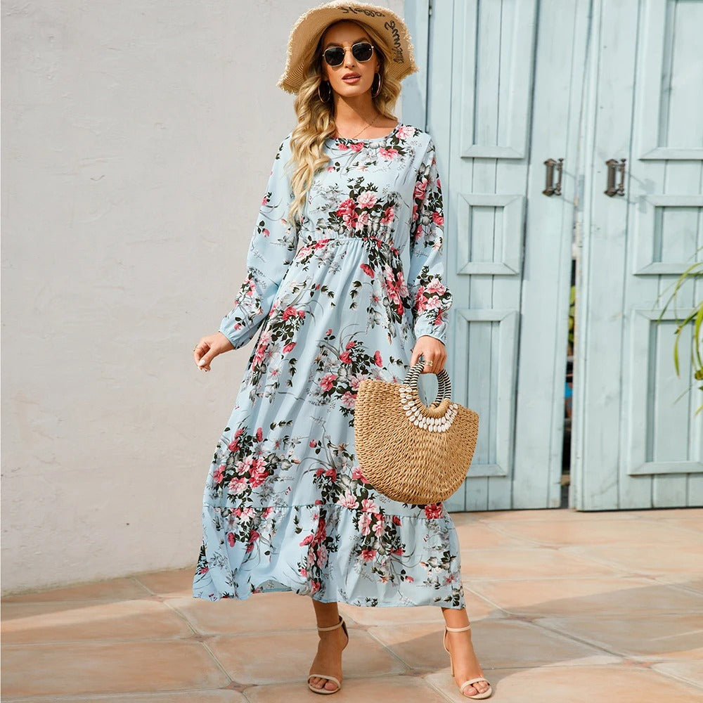 Dame Boho Chiffon Kjole med lange ærmer, let stof, slankende talje, maxilængde, elegant til en afslappet sommerdag.
