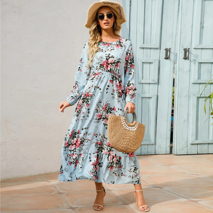 Dame Boho Chiffon Kjole med lange ærmer, let stof, slankende talje, maxilængde, elegant til en afslappet sommerdag.
