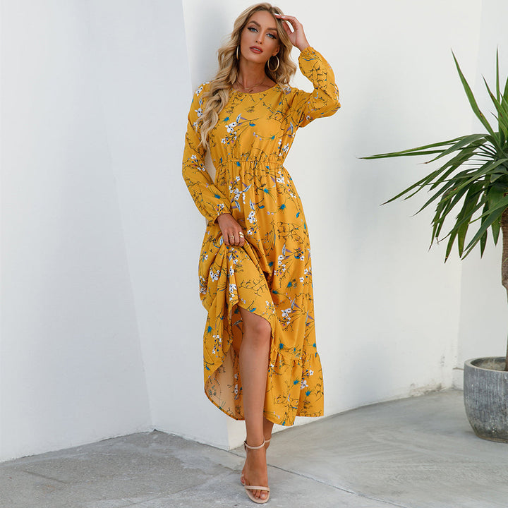 Dame Boho Chiffon Kjole med lange ærmer, let stof, slankende talje, maxilængde, elegant til en afslappet sommerdag.