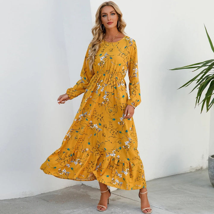 Dame Boho Chiffon Kjole med lange ærmer, let stof, slankende talje, maxilængde, elegant til en afslappet sommerdag.