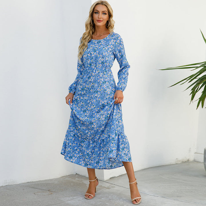 Dame Boho Chiffon Kjole med lange ærmer, let stof, slankende talje, maxilængde, elegant til en afslappet sommerdag.