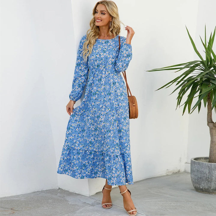Dame Boho Chiffon Kjole med lange ærmer, let stof, slankende talje, maxilængde, elegant til en afslappet sommerdag.
