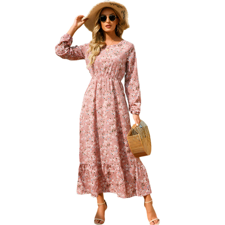 Dame Boho Chiffon Kjole med lange ærmer, let stof, slankende talje, maxilængde, elegant til en afslappet sommerdag.