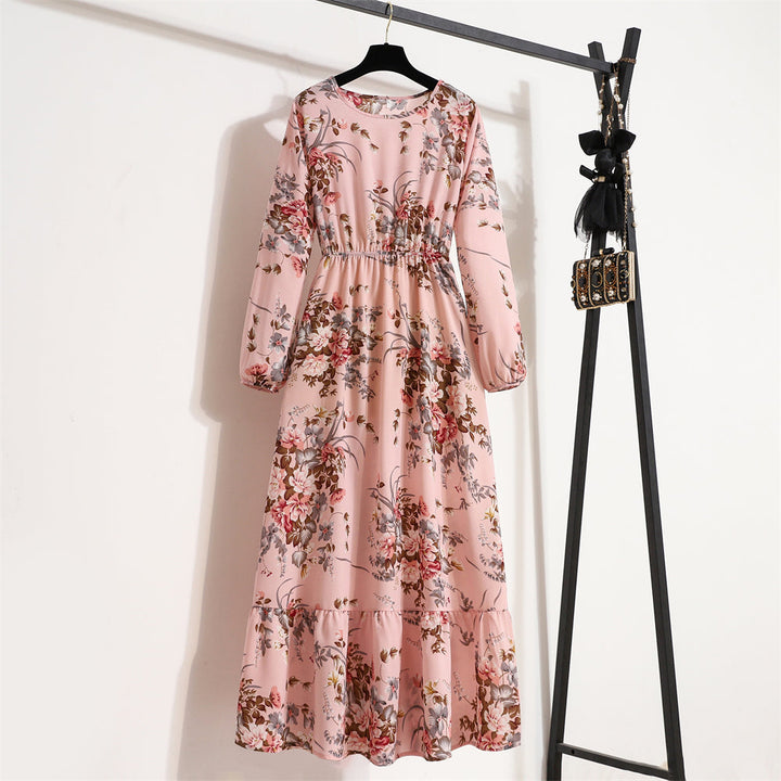 Dame Boho Chiffon Kjole med lange ærmer, let stof, slankende talje, maxilængde, elegant til en afslappet sommerdag.