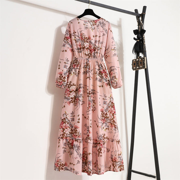 Dame Boho Chiffon Kjole med lange ærmer, let stof, slankende talje, maxilængde, elegant til en afslappet sommerdag.