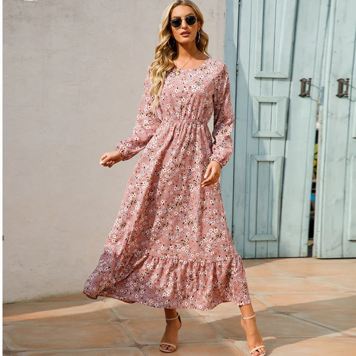 Dame Boho Chiffon Kjole med lange ærmer, let stof, slankende talje, maxilængde, elegant til en afslappet sommerdag.