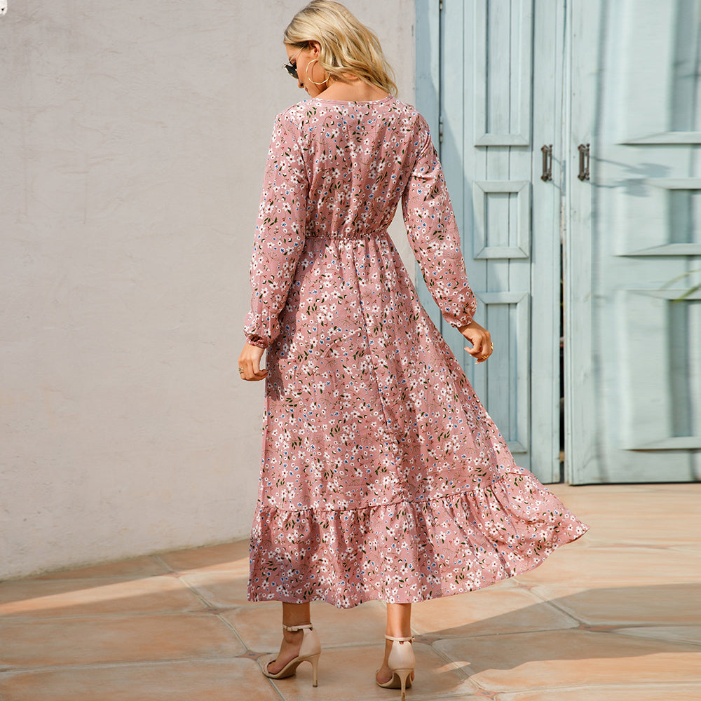 Dame Boho Chiffon Kjole med lange ærmer, let stof, slankende talje, maxilængde, elegant til en afslappet sommerdag.